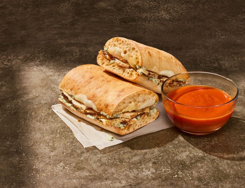 Chicken Pesto Ciabatta Dipper with melted provolone and soup