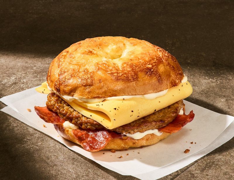 Farmhouse Duo breakfast sandwich on an asiago bagel